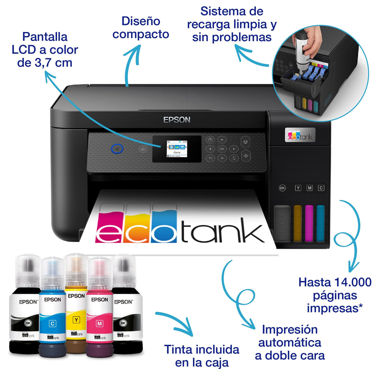 Impresora multifunción EcoTank ET-2850 A4 con depósito de tinta, conexión Wi-Fi y hasta 3 años de tinta incluida