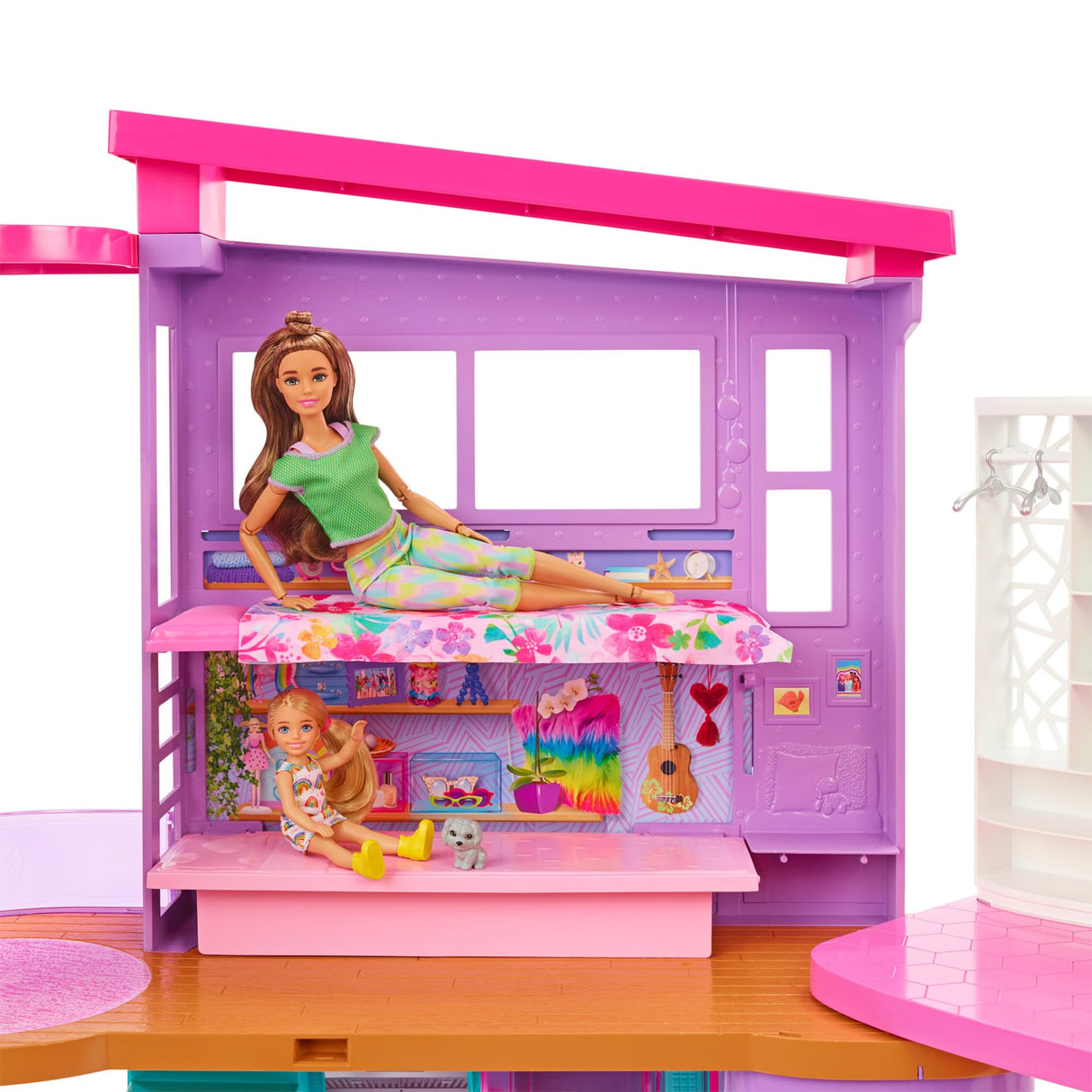Barbie Casa Malibú Casa de muñecas plegable 2 pisos con 6 habitaciones y muebles, incluye 30 accesorios, juguete de regalo +3 años (Mattel HCD50)