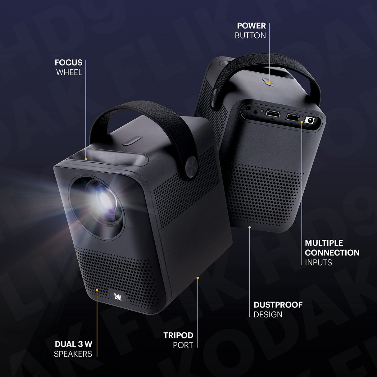 KODAK FLIK HD9 Proyector Inteligente | Mini película portátil Negra para Interiores y Exteriores con Aplicaciones de transmisión de Android TV, Wi-Fi y Bluetooth