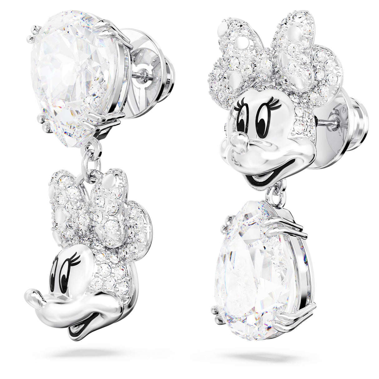 Swarovski Disney100 Pendientes Disney Minnie Mouse, Diseño asimétrico, Cristales Blancos, Baño de Rodio