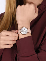 Emporio Armani Reloj de señora, movimiento de dos manecillas, caja de acero rosa dorado de 32 mm con correa de piel, AR2510, Rosa claro y blanco roto
