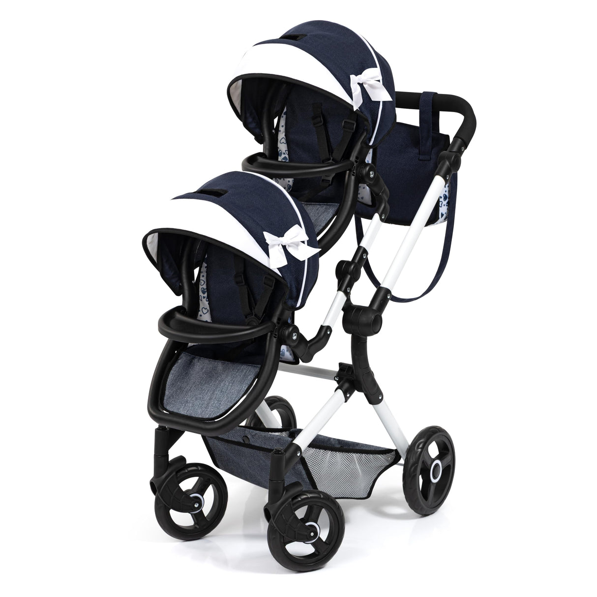 Bayer Design 26281AA Cochecito de muñeca gemelas, Carrito Paseo para muñecos, Ajustable en Altura, Plegable, con Bolsa