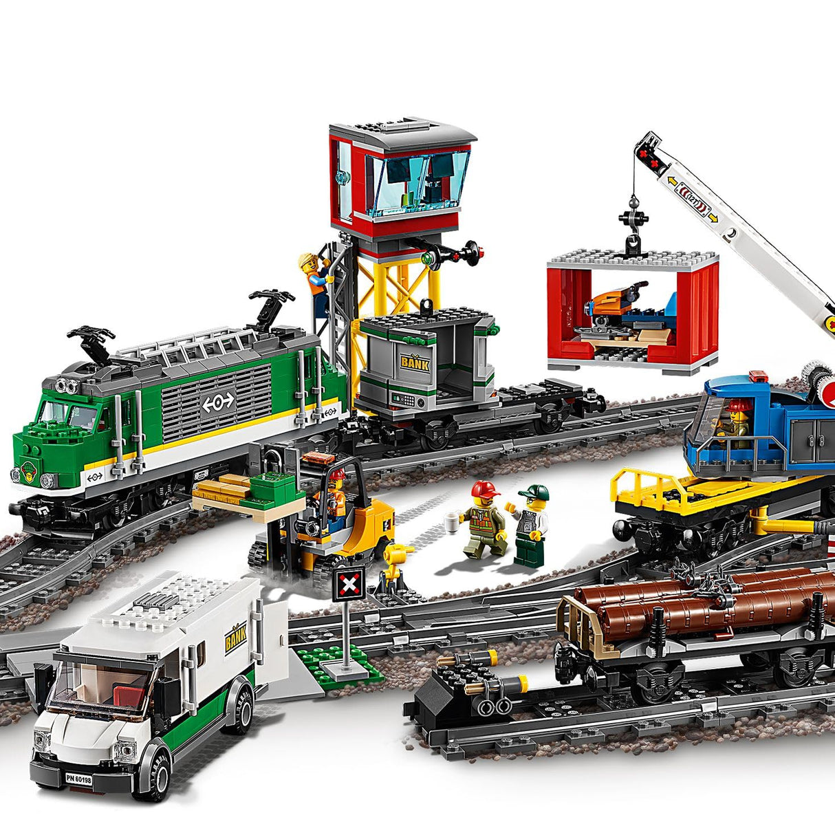 LEGO City Tren de Mercancías con Vehículo Teledirigido - Camión de Juguete, Carretilla Elevadora, 32 Piezas de Vía y & Minifiguras - Regalo para Niños y Niñas de 6+ Años 60198