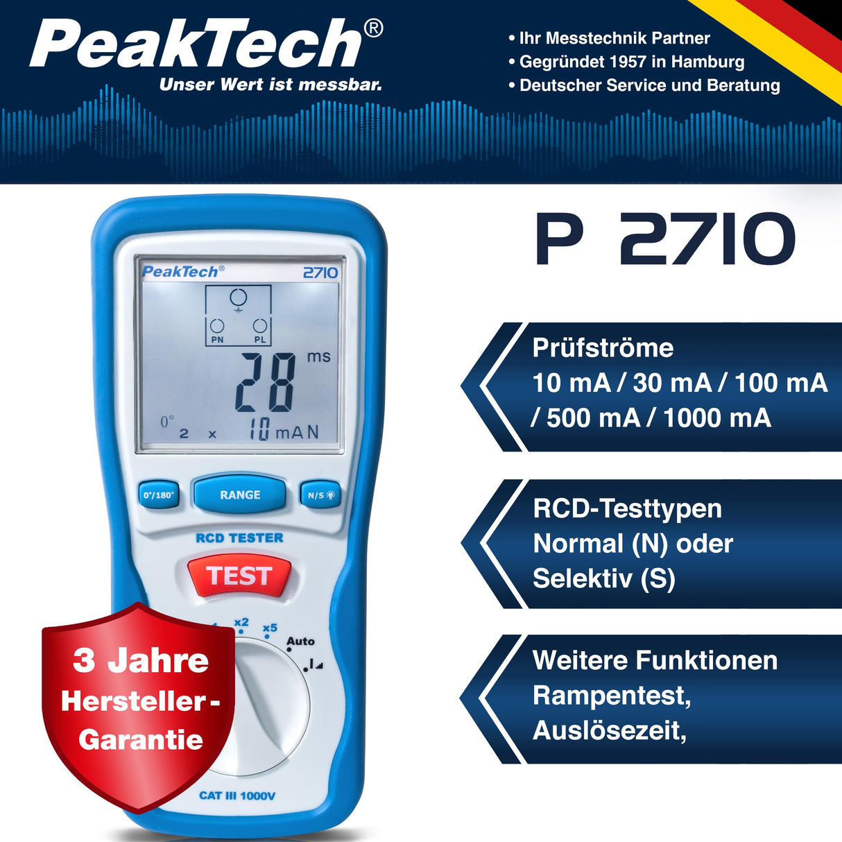 PeakTech 2710 – Probador digital de FI con pantalla LCD grande, disyuntor de corriente residual, cuchilla RCD, carcasa con doble aislamiento, voltaje de funcionamiento 230V / 50Hz - CAT III 600 V