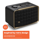 JBL Authentics 200, altavoz inteligente con tecnología Bluetooth, diseño retro, con cuadrícula gris, Wi-Fi integrado, Google Assistant, Amazon Alexa, AirPlay, JBL One App, negro