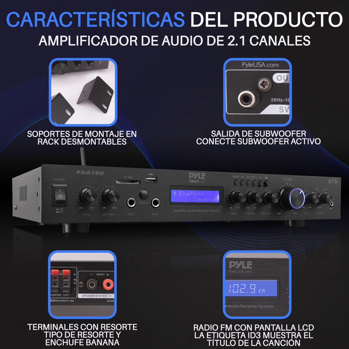 Pyle Amplificador de Audio, Receptor, Montaje en Rack de 5 Canales, Cine en casa, Transmision inalambrica Bluetooth, Radio MP3/USB/SD/AUX/FM, 200V, Pantalla LCD Digital ID3