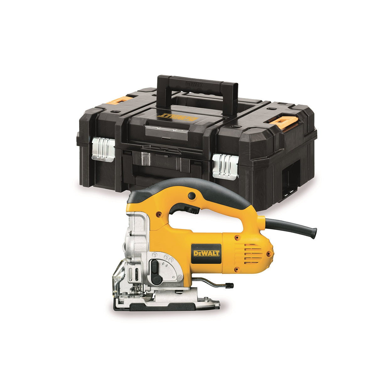 DEWALT DW331KT-QS - Sierra de Calar 701W, Velocidad Variable 0-3100 cpm, Corte en Madera 135 mm, Metal 12 mm, Acción Pendular, Cambio Rápido de Hoja, Base Ajustable, Inc. Maletín TSTAK de Transporte