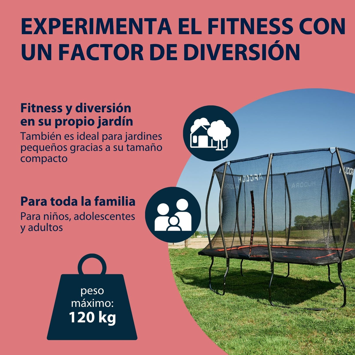 HUDORA Trampolin 4square - Trampolín rectangular al aire libre de 244x366/215x305 cm - Cama elástica deportiva rectangular para hasta 120 kg - Trampolín familiar con alta capacidad de salto