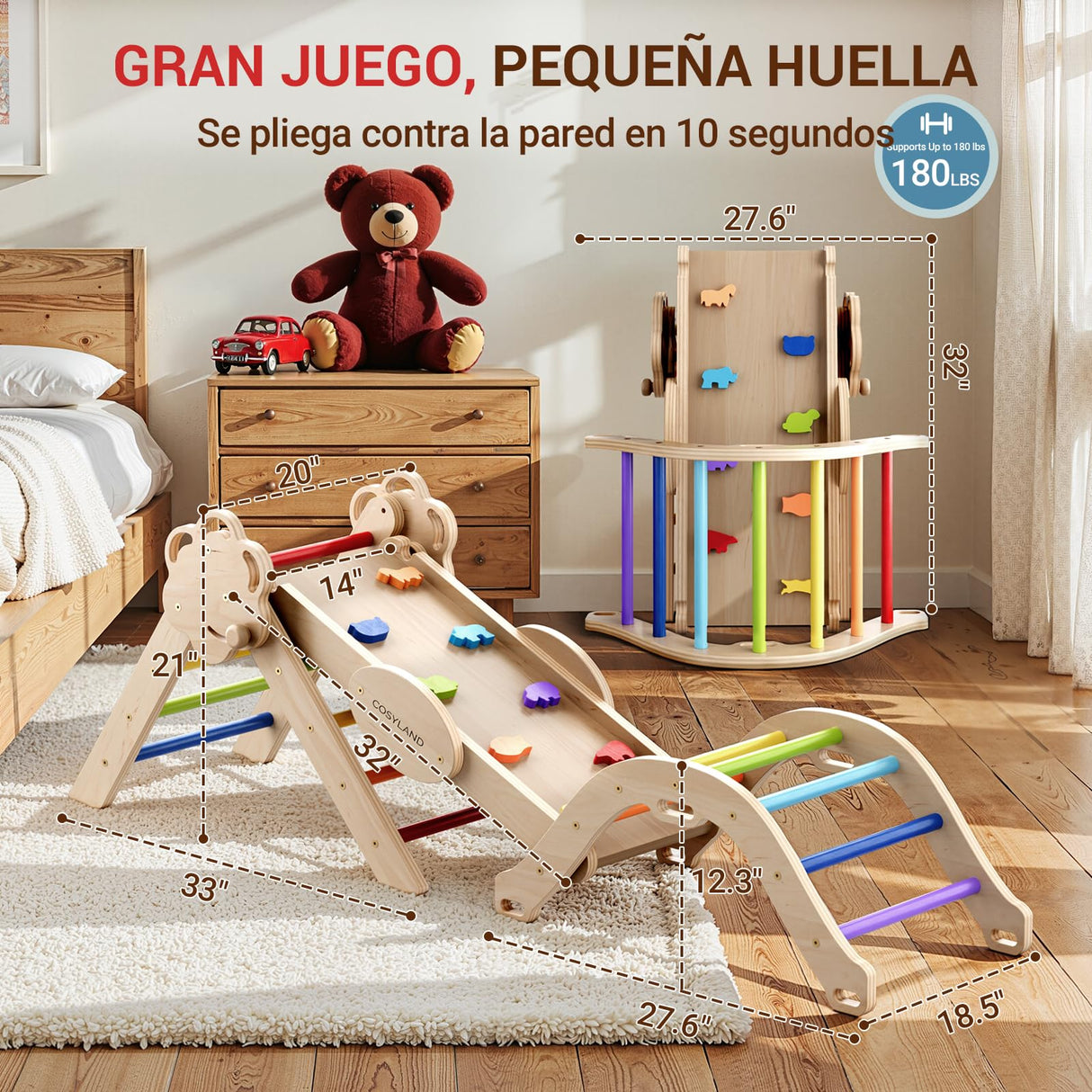 COSYLAND 8 en 1 Triángulo de Escalada Montessori con Arco y Rampa, Set Plegable Infantil, Juguete de Madera Resistente para Interior, Niños 18 Meses-6 años, Colores Arcoíris, Mediano