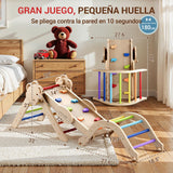 COSYLAND 8 en 1 Triángulo de Escalada Montessori con Arco y Rampa, Set Plegable Infantil, Juguete de Madera Resistente para Interior, Niños 18 Meses-6 años, Colores Arcoíris, Mediano