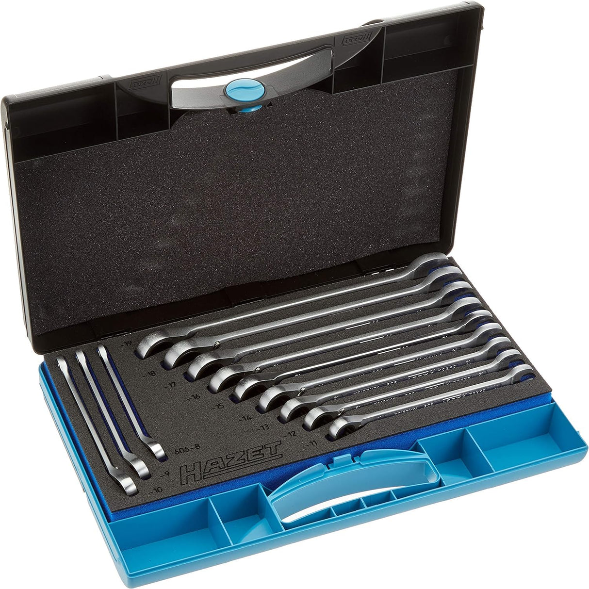 Juego de llaves de carraca HAZET 606N/12 I 12 piezas, en caja de plástico con sistema de seguridad, ancho de llave: 8 - 19 I juego completo para manejo manual