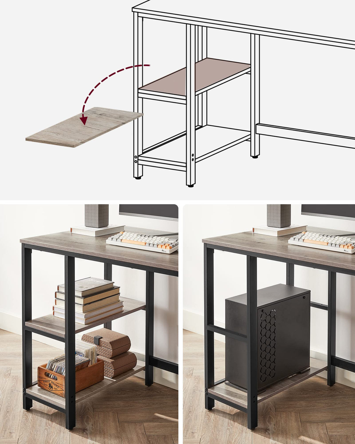 VASAGLE Escritorio, Mesa de Ordenador, con 2 Estante a la Izquierda o a la Derecha, para Oficina, Dormitorio, Estructura de Acero, Industrial, Greige y Negro LWD47MB