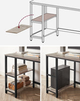 VASAGLE Escritorio, Mesa de Ordenador, con 2 Estante a la Izquierda o a la Derecha, para Oficina, Dormitorio, Estructura de Acero, Industrial, Greige y Negro LWD47MB