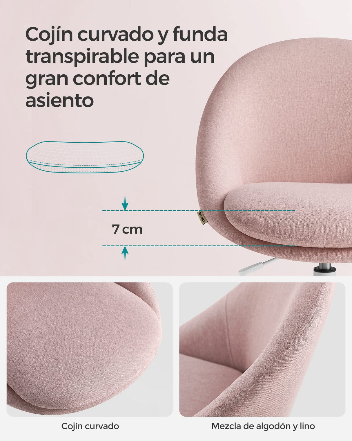 SONGMICS Silla de Oficina en Casa, Silla Giratoria de Algodón y Lino, Silla de Escritorio, Acolchada con Espuma, Altura Ajustable, para Estudio, Dormitorio, Rosa Jalea OBG020P01