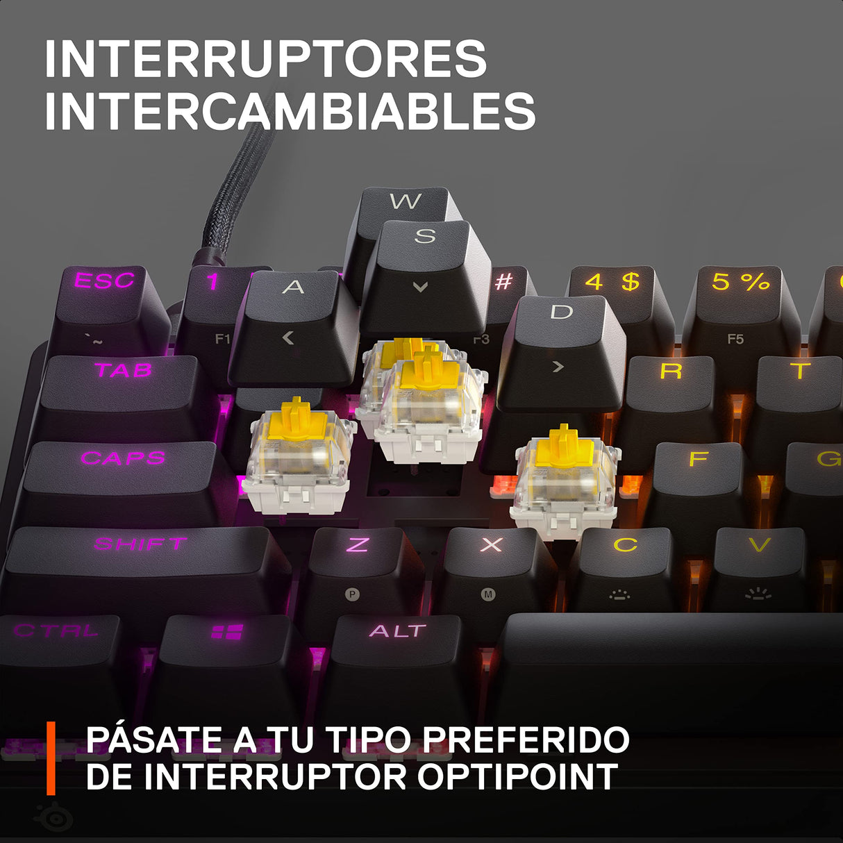 SteelSeries Apex 9 Mini - Teclado Mecánico de Gaming - Interruptores ópticos - Accionamiento de 2 puntos - Forma compacto Esports Mini 60 % - Interruptores intercambiables - Teclado nórdico (QWERTY)
