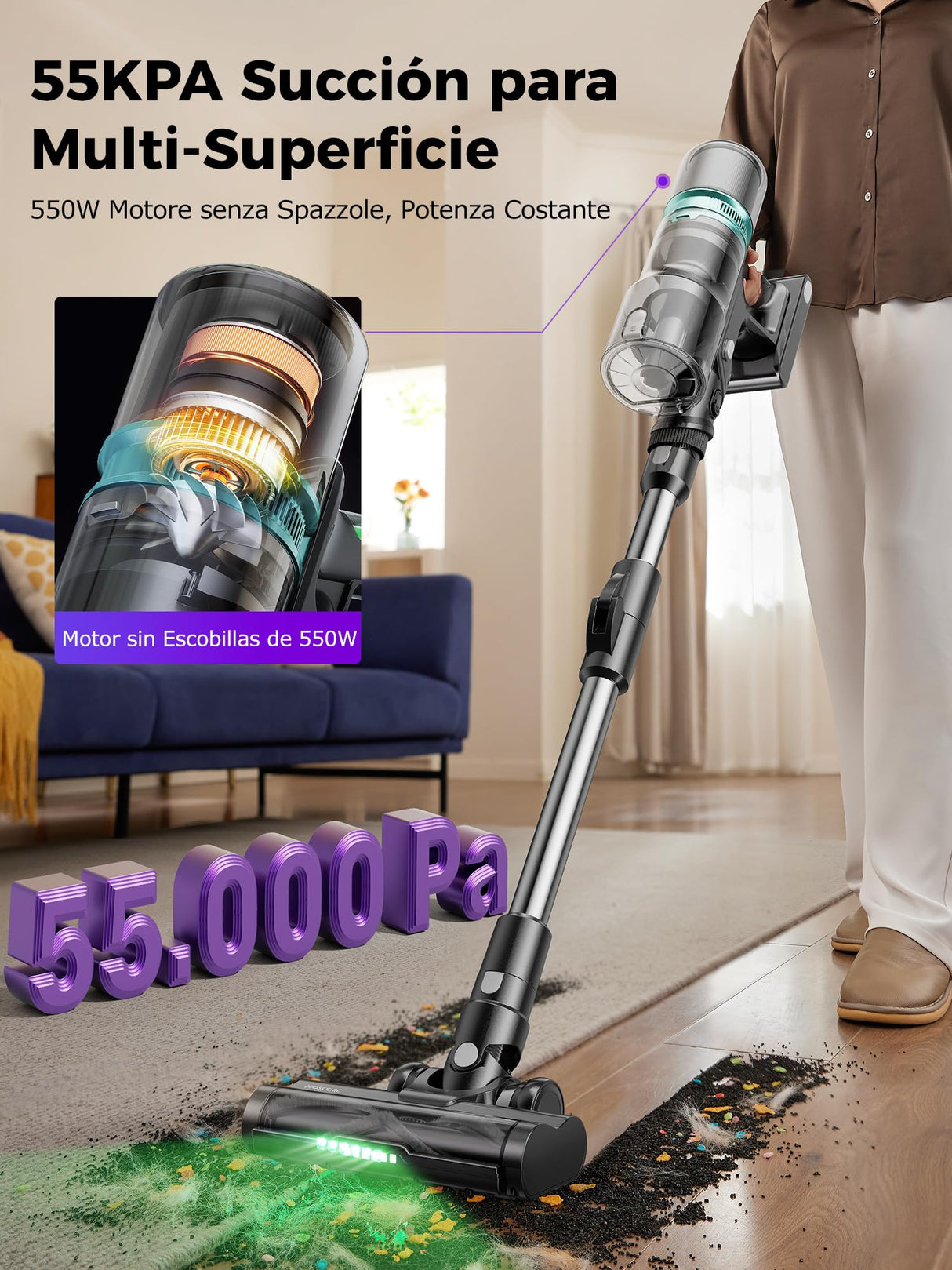 Proscenic P16 Aspiradora sin Cable 55Kpa/550W/65Mins, Aspiradora Escoba Vertical con Tubo Plegable, Cepillo Anti-Enredo y Pantalla Táctile LED para Suelo/Alfombra/Pelos de Mascotas