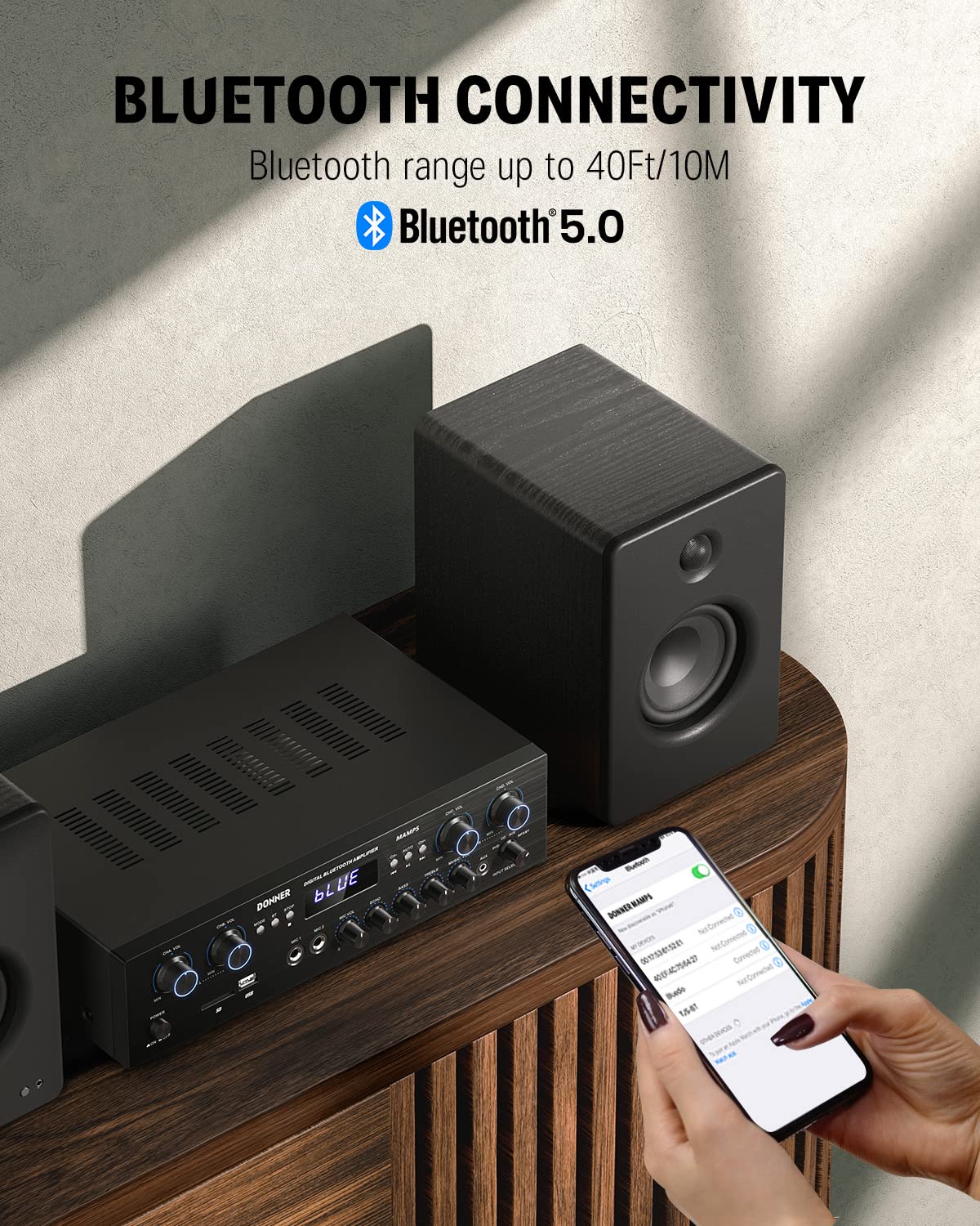 Amplificador Audio Bluetooth 5.0, Donner Amplificador Audio Estéreo 4 Canales, Amplificador HiFi 440W con USB, SD, FM, 2 Mic IN Echo, RCA, LED para Estudio, Hogar, MAMP5