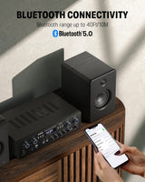 Amplificador Audio Bluetooth 5.0, Donner Amplificador Audio Estéreo 4 Canales, Amplificador HiFi 440W con USB, SD, FM, 2 Mic IN Echo, RCA, LED para Estudio, Hogar, MAMP5