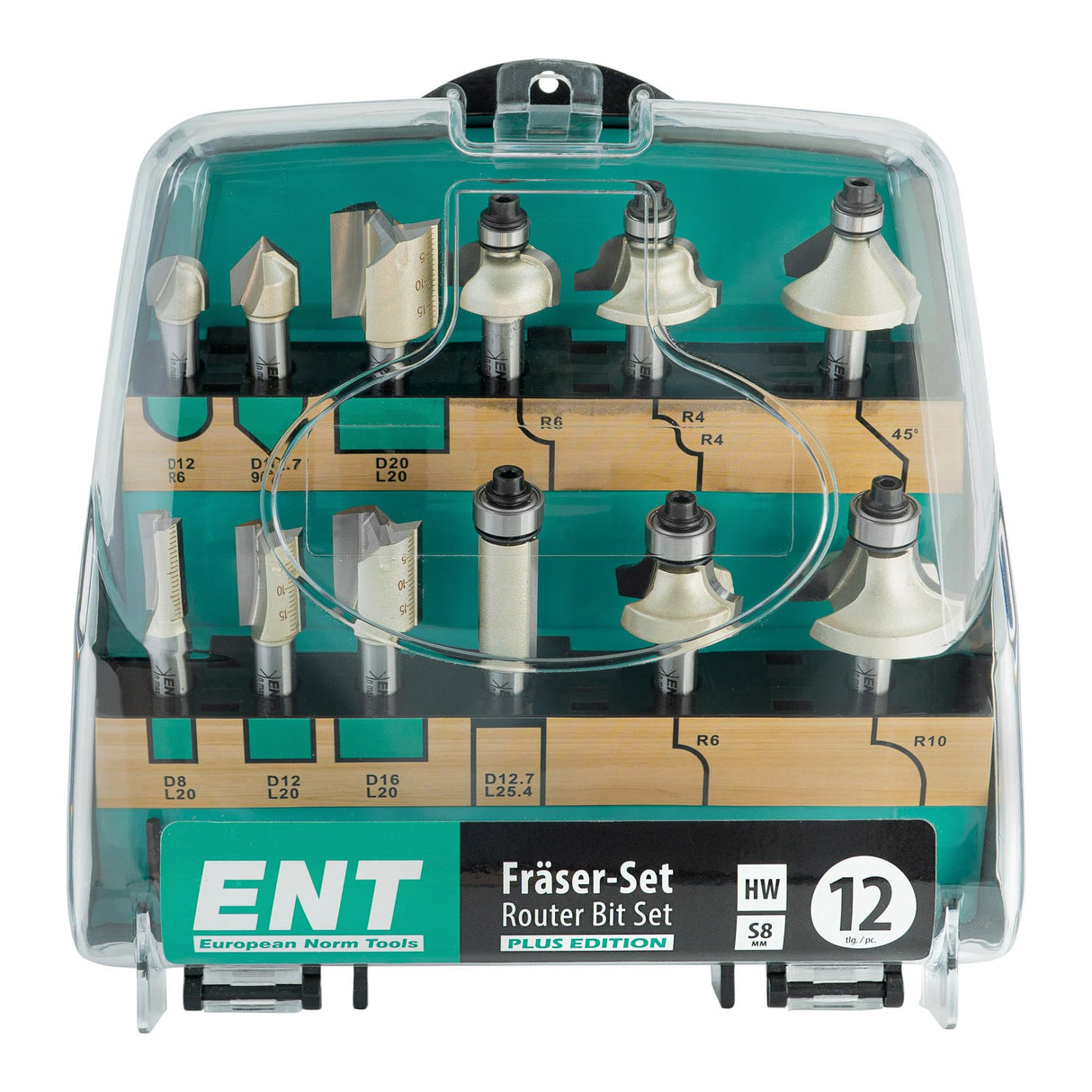 ENT 09012PLUS Juego de 12 Fresas HW PLUS en Estuche de Plástico Resistente a Golpes - Fresas para Rebajadora con Vástago de 8 mm y Cuchillas de Carburo para Perforar