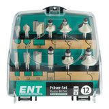 ENT 09012PLUS Juego de 12 Fresas HW PLUS en Estuche de Plástico Resistente a Golpes - Fresas para Rebajadora con Vástago de 8 mm y Cuchillas de Carburo para Perforar