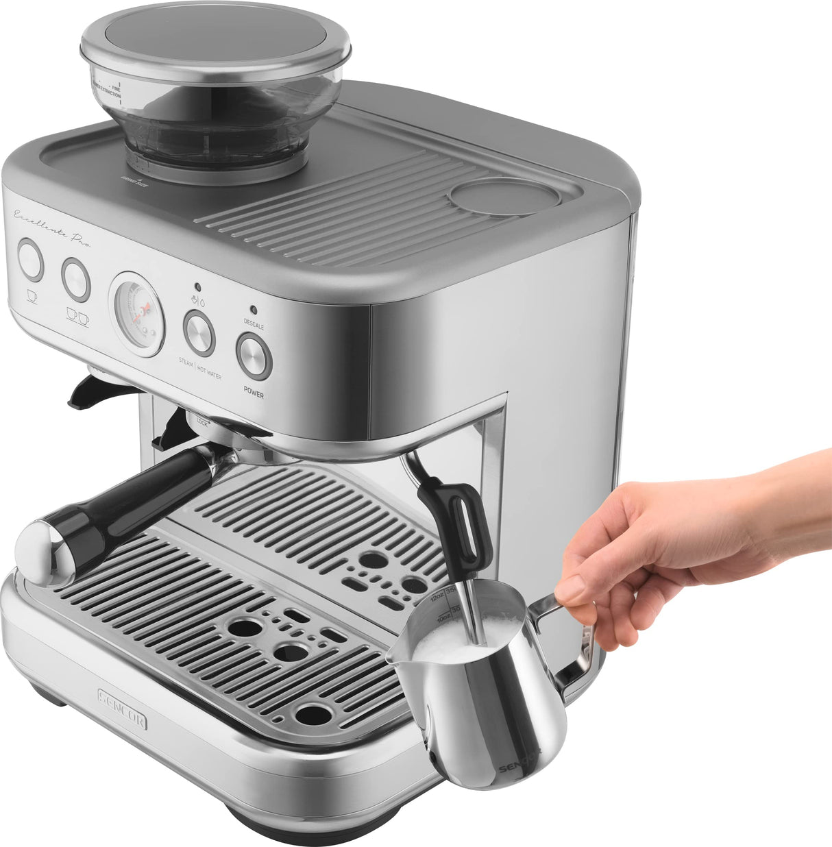cafetera automatica con molinillo Sencor - cafetera grano con molinillo Barista Express, acero inoxidable cepillado, tanque de agua y café de gran capacidad, boquilla de vapor de cappuccino SES 6010SS