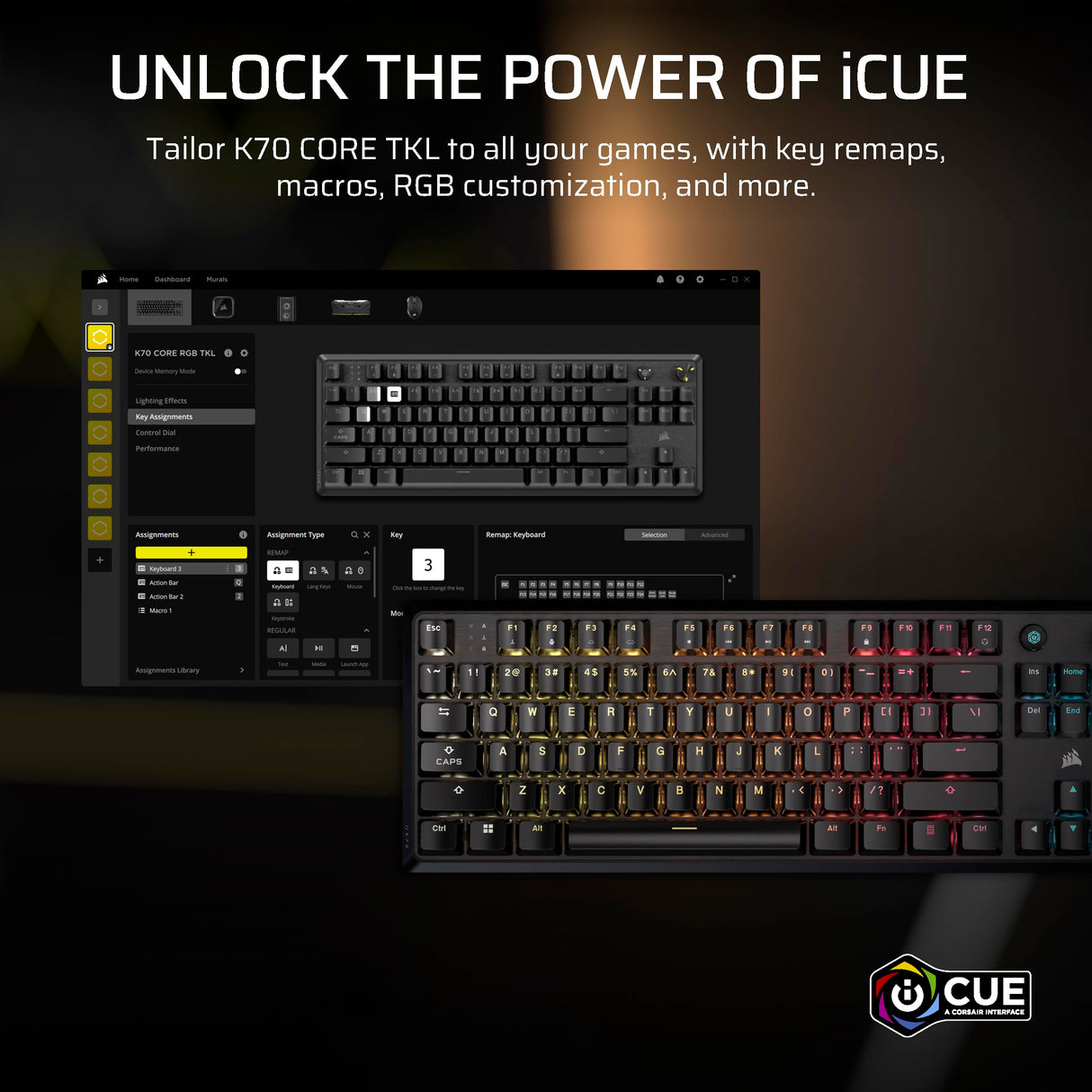 Corsair K70 Core TKL RGB Tenkeyless Teclado mecánico para Juegos – Interruptores lineales MLX Red v2 Pre-Lubricados - Doble Baja Silenciación de Ruido – Teclas de Doble Disparo ABS – QWERTY NA
