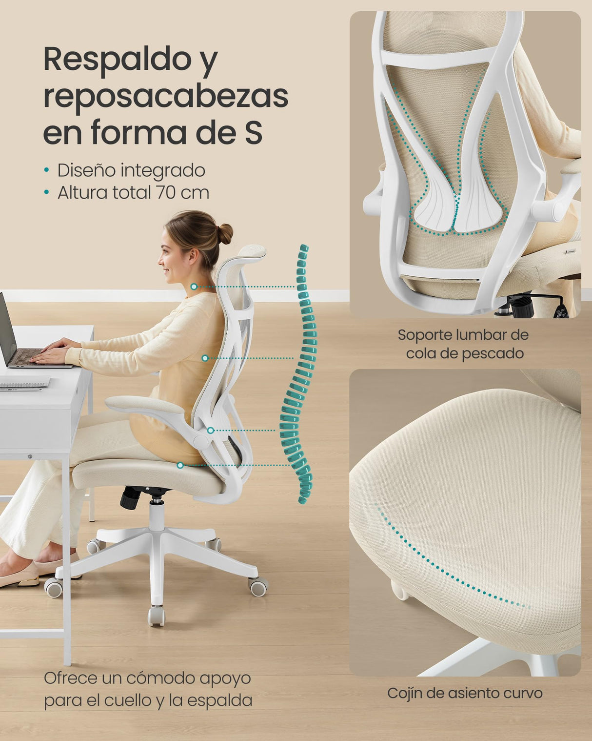 SONGMICS Silla de Oficina, Silla de Escritorio, Respaldo Ergonómico, Altura Ajustable, Reposabrazos Plegables, Silla Giratoria con Reposacabezas, Carga de 150 kg, Beige Capuchino OBN088K01