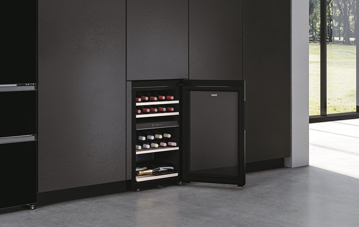 Haier Wine Bank 50 Series 7 HWS42GDAU1- Vinoteca de 42 botellas, Estantes de madera, Filtro Anti-UV, Filtro de carbón, Refrigeración por Compresor, Display Digital, Iluminación LED, Silenciosa 37 dbA