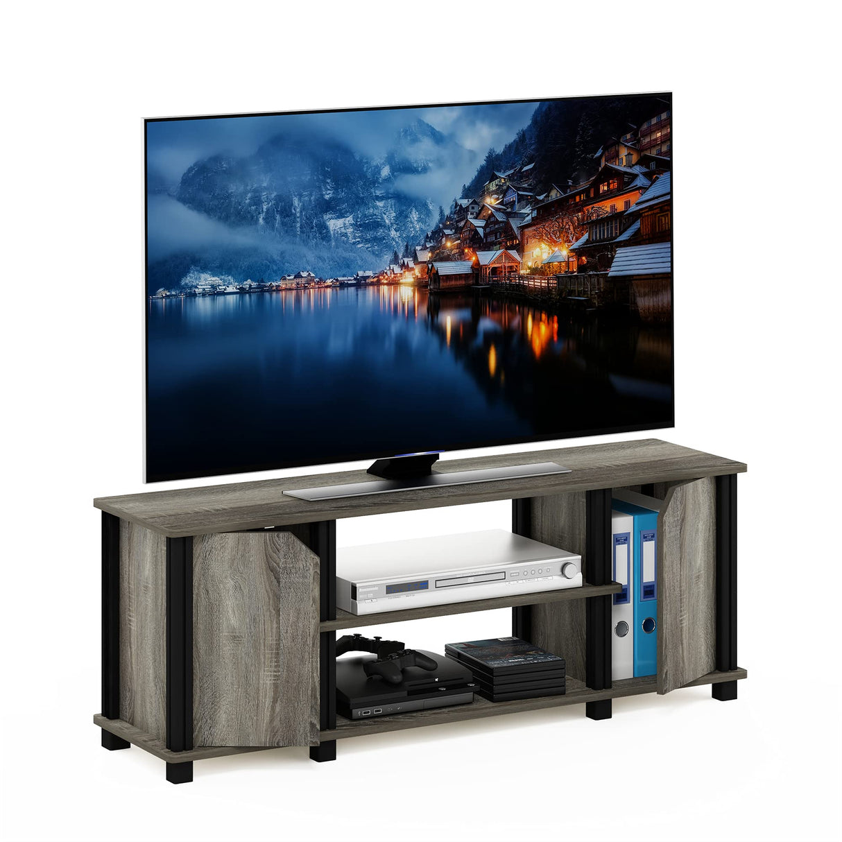Furinno Brahms - Mueble de televisor con estantes y almacenamiento, color roble francés y negro