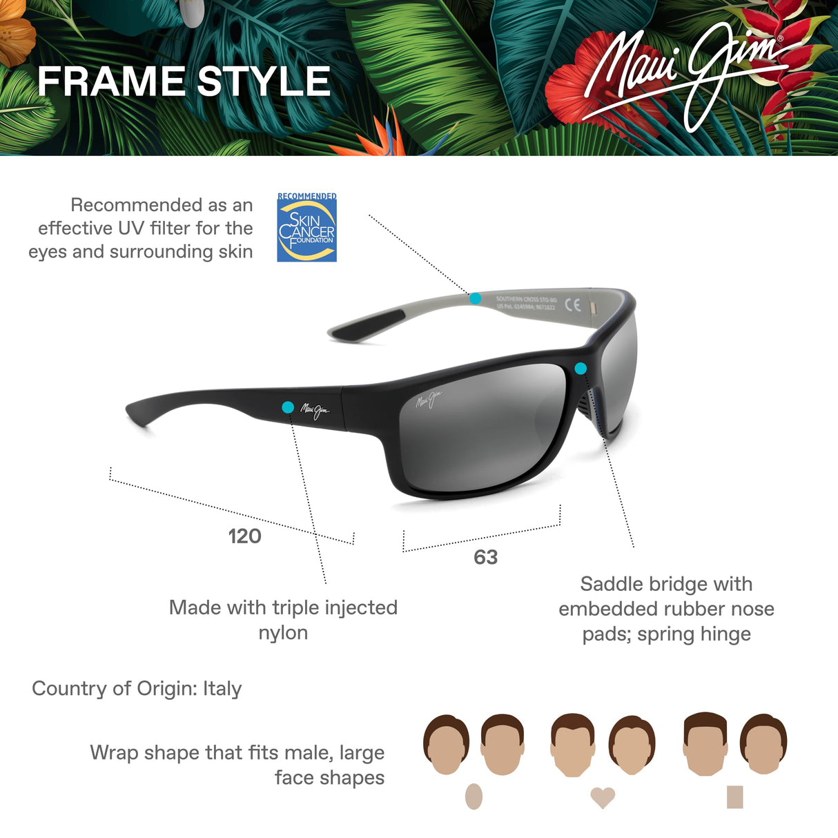Maui Jim Southern Cross Gafas, Soft Black/Sea Blue/Grey, 63-15-120 Unisex Adulto