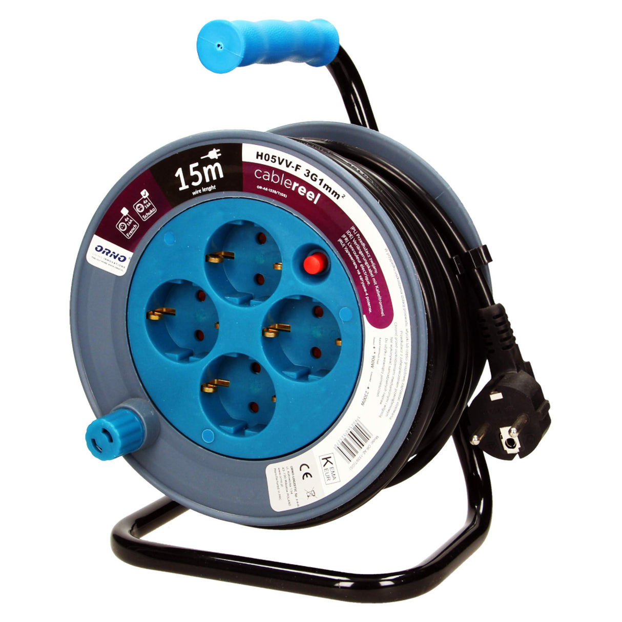 Orno AE-1339 Mini Tambor De Cable 15m con 4 tomas de corriente, soporte de metal y protección térmic (Azul)