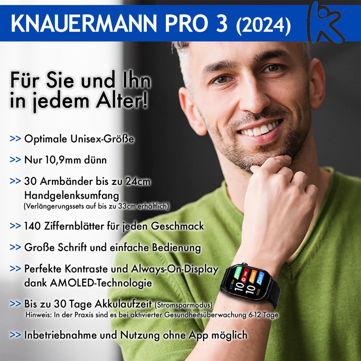 Knauermann Pro 3 (2024) Negro – Reloj Sanitario Smartwatch con función telefónica – Sensores OSRAM – Función ECG + HRV – BT Bluetooth – apnea del sueño – presión Arterial – Correa de auténtica,