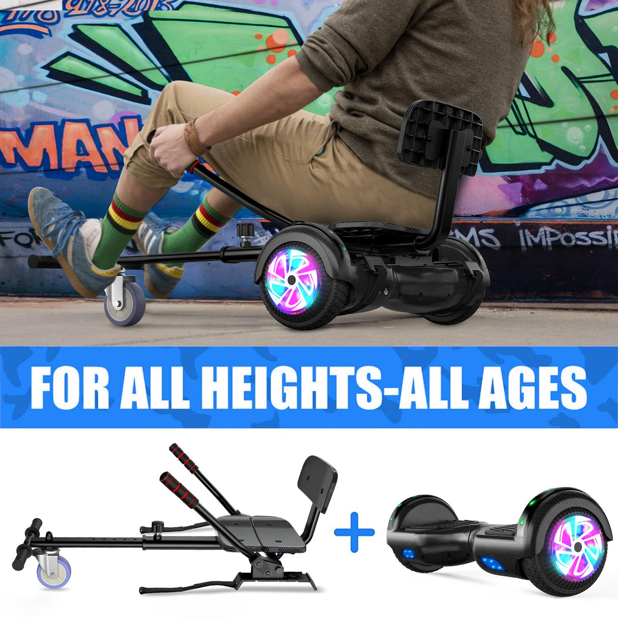 Hoverboard avec siège, Hoverboard à deux roues de 6,5 pouces avec haut-parleur Bluetooth et lumières colorées, scooter auto-équilibrant pour enfants (Go-Kart inclus)