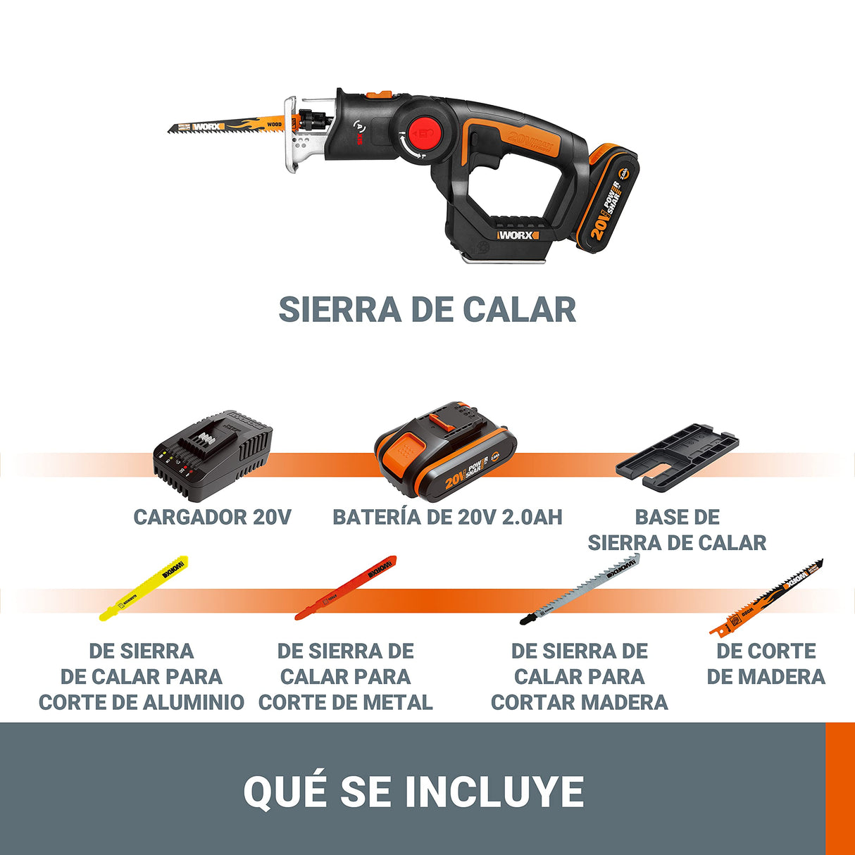 WORX WX550 Sierra sable y de calar 2 en 1 20V PowerShare, Batería 2Ah, Cambio de cuchilla sin herramientas, Velocidad variable, Negro, Naranja