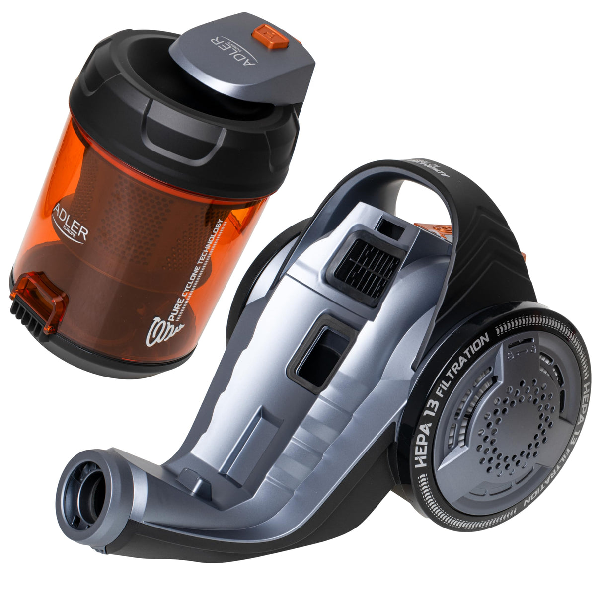 ADLER Aspiradora sin Bolsa Ciclónica AD7065, HEPA 13, Filtración ciclónica, Depósito 1,6L, Flujo de Aire máximo: 27 litros/Segundo, Gris y Naranja, con 5 Accesorios, Potencia Nominal: 700 W