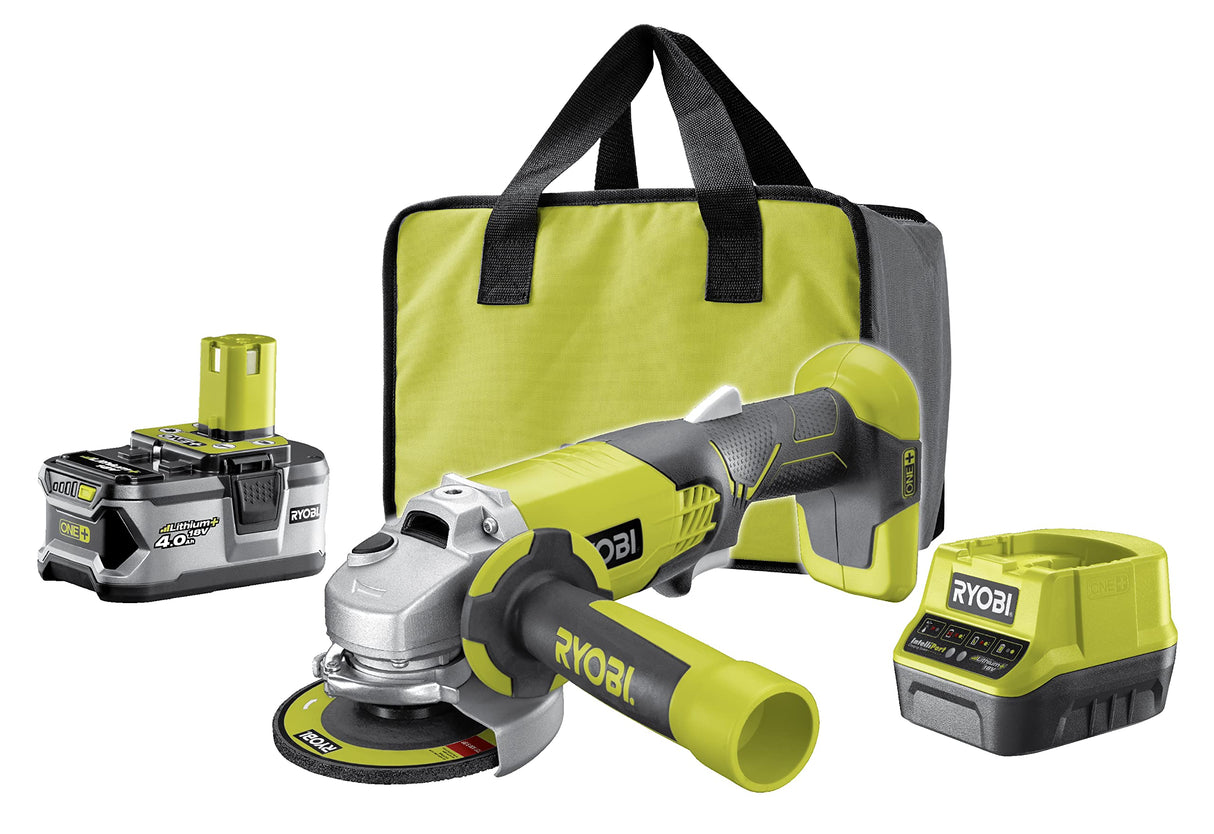 RYOBI - Amoladora 18V ONE+ Ø 115 mm, 7500 rpm - Empuñadura auxiliar - Se suministra con 1 batería de litio+ 4,0 Ah, 1 cargador rápido 2,0 A, 1 bolsa de transporte y 1 disco de amolar - R18AG-140S