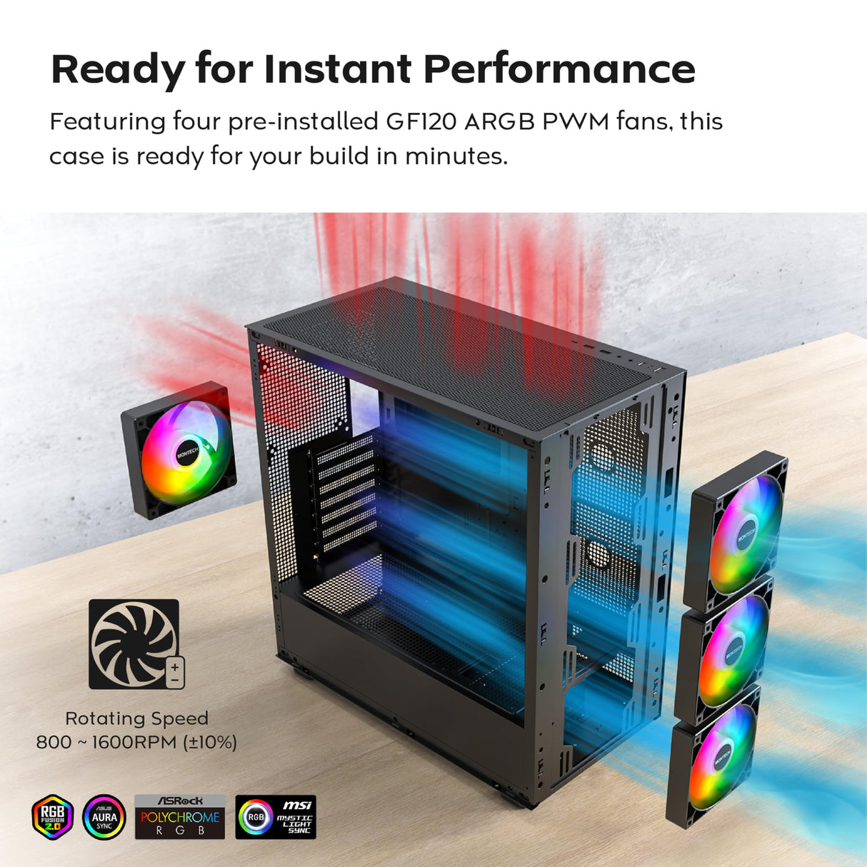 MONTECH XR Wood,Genuine Black Walnut Front, ATX Mid-Tower PC Gaming Case, Glass Side Panel, 4 x 120mm GF120 ARGB PWM Fans Pre-Installed, White