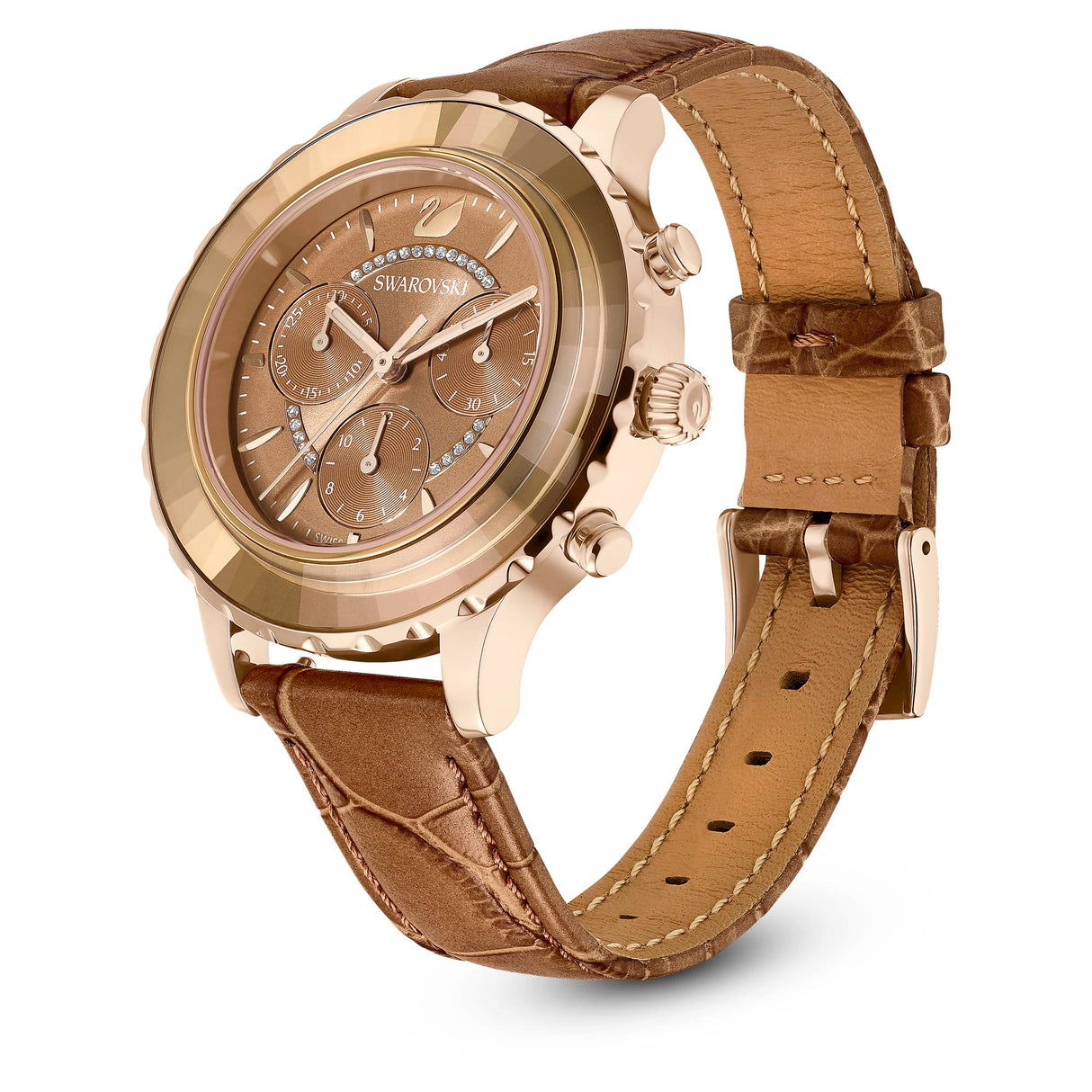 Swarovski Reloj Octea Lux Chrono, Correa de Cuero Marrón, Esfera Soleada en Tono Dorado y Detalles de Cristal, de la Colección Octea