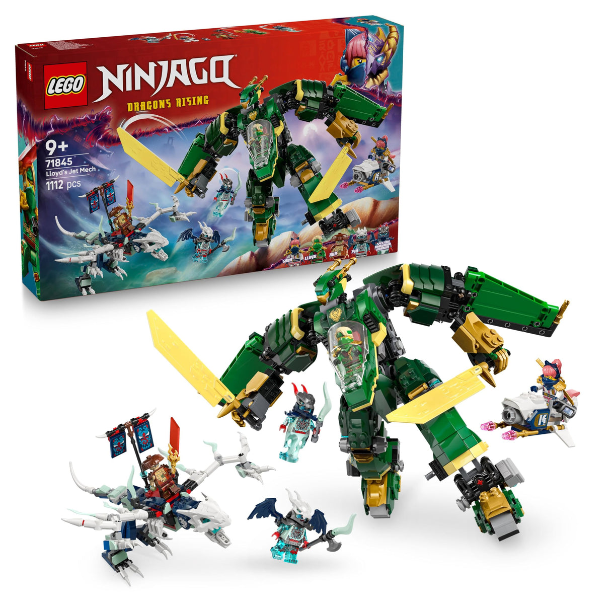LEGO Ninjago 2 en 1 Meca Reactor de Lloyd - Figura Articulada Transformable en Avión Reactor - 5 Minifiguras Inc. Sora y Lloyd - Moto y Dragón de Juguete - Regalo para Niños de 9+ Años 71845