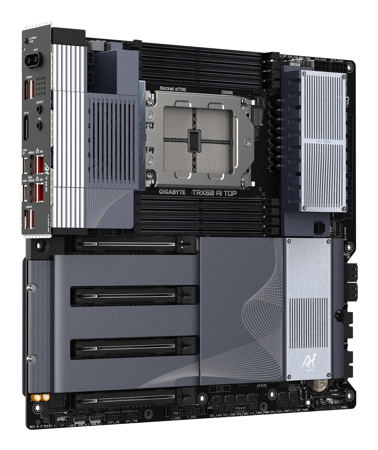 GIGABYTE TRX50 AI TOP-2B Placa Base – Procesadores AMD Ryzen Threadripper Pro 7000, VRM Digital de 16+8+4 Fases, hasta 5200 MHz DDR5, 4 x M.2 PCIe 5.0, Wi-Fi 7, LAN 10 GbE, USB 4