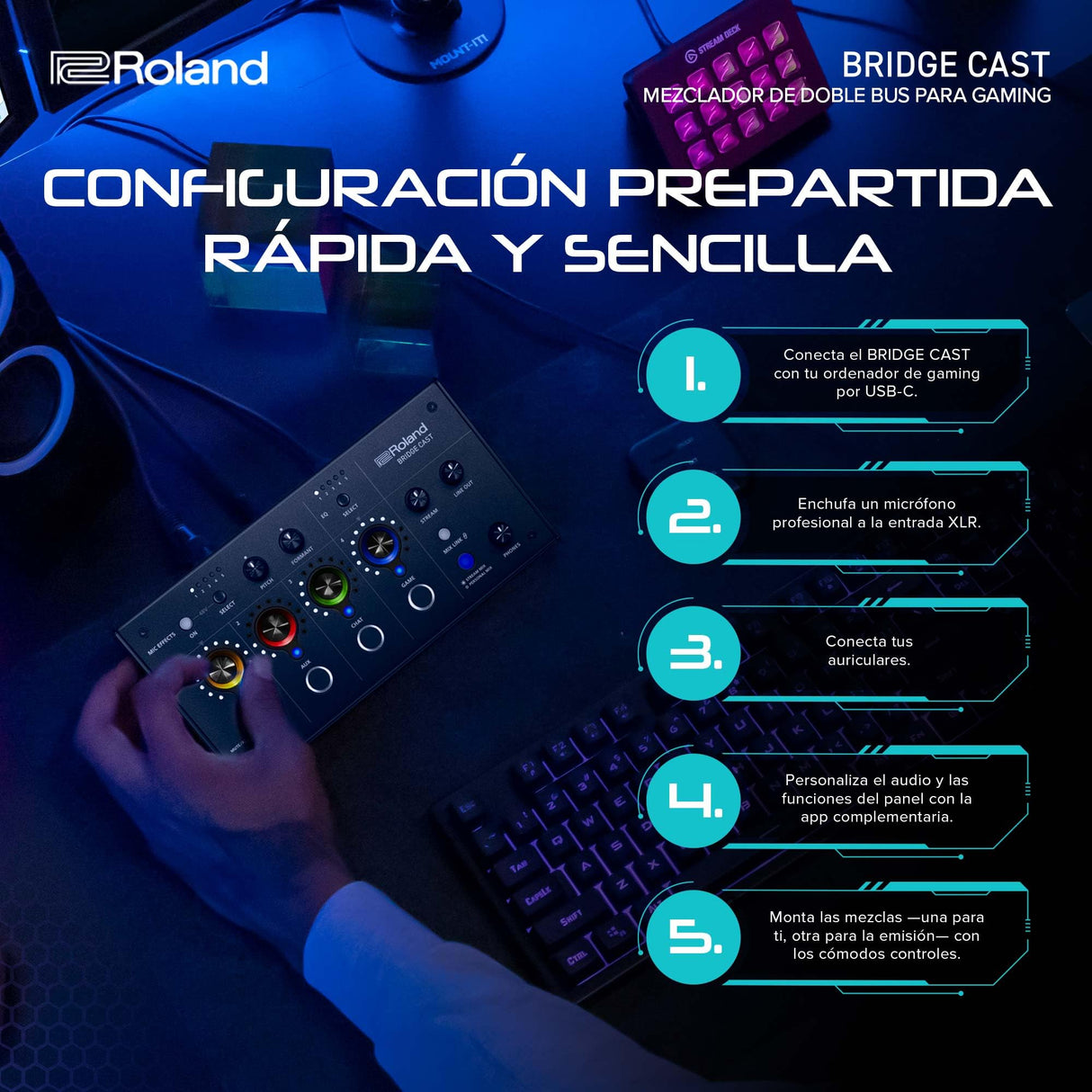 Mezclador de doble bus para gaming Roland BRIDGE CAST | Interfaz de streaming de audio y mezclador profesional para gamers online | DSP de hardware de 32 bits | Negro