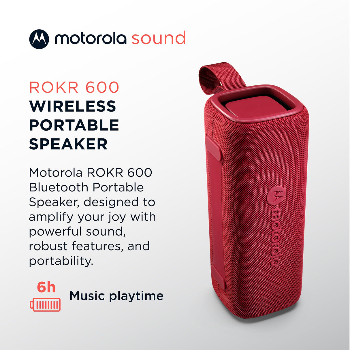 Motorola Sound - Altavoz Inalámbrico Bluetooth ROKR 600 - Potente Sonido de 30W, Resistente al Agua y Polvo, Función Broadcast para Conectar 20+ Altavoces, 6 Horas de Reproducción, Rojo