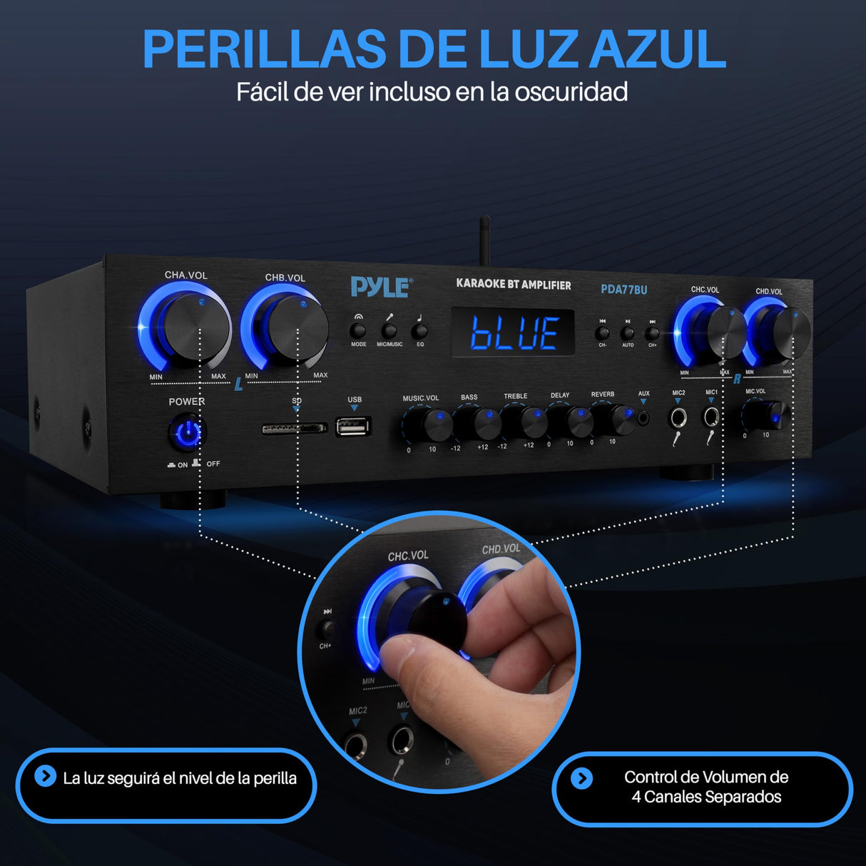 Pyle Amplificador de Sonido, Cine en casa, 800W, Bluetooth, Estereo, para el hogar, 4 Canales, con MP3/USB/SD/AUX/RCA/FM, Microfono, Auriculares, Volumen LED