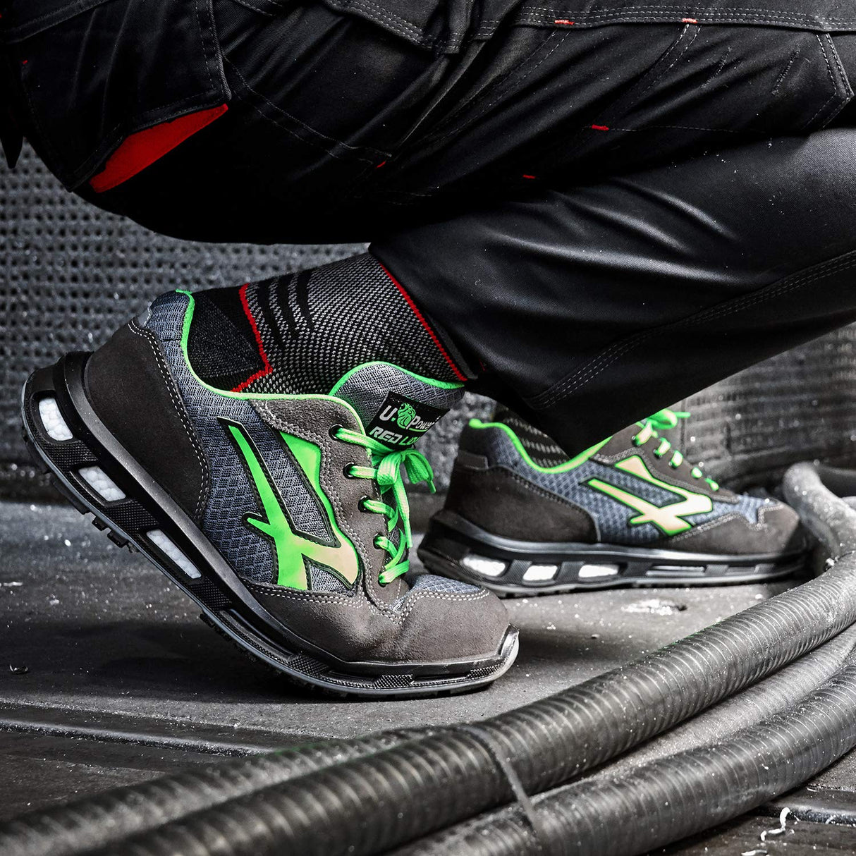 U-Power Red Lion Point, zapatos de seguridad unisex, ligeros, flexibles, de cuero antipinchazos, con inserto Infinergy, con puntera de aluminio - Grey & Green-43