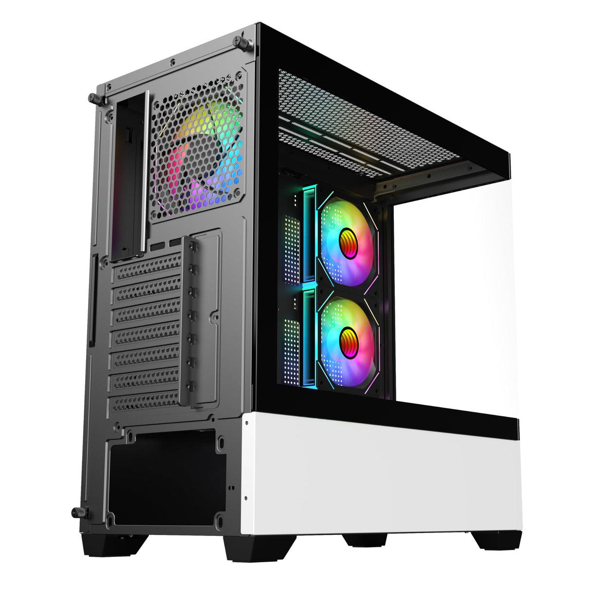 SaharaGaming SG520 con 3 Ventiladores ARGB de Espejo Blanco de 12 cm y Mini Ventilador PWM con Carcasa templada para Juegos con USB 3.0 y USB 2.0, soporta AIO de hasta 360 mm, Fuente de alimentación