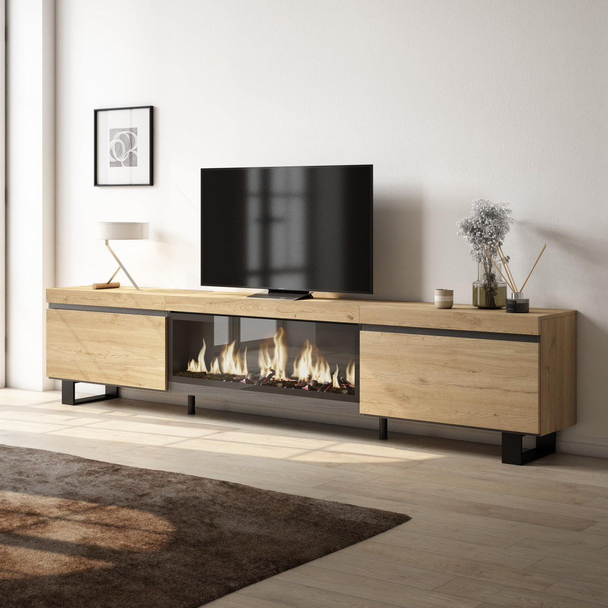 Skraut Home | Mueble TV | Televisión | Muebles de salón, almacenaje | 267x57x35 cm | para TV Gran Formato | Chimenea eléctrica XXL | Diseño Industrial | Estilo Moderno | Roble