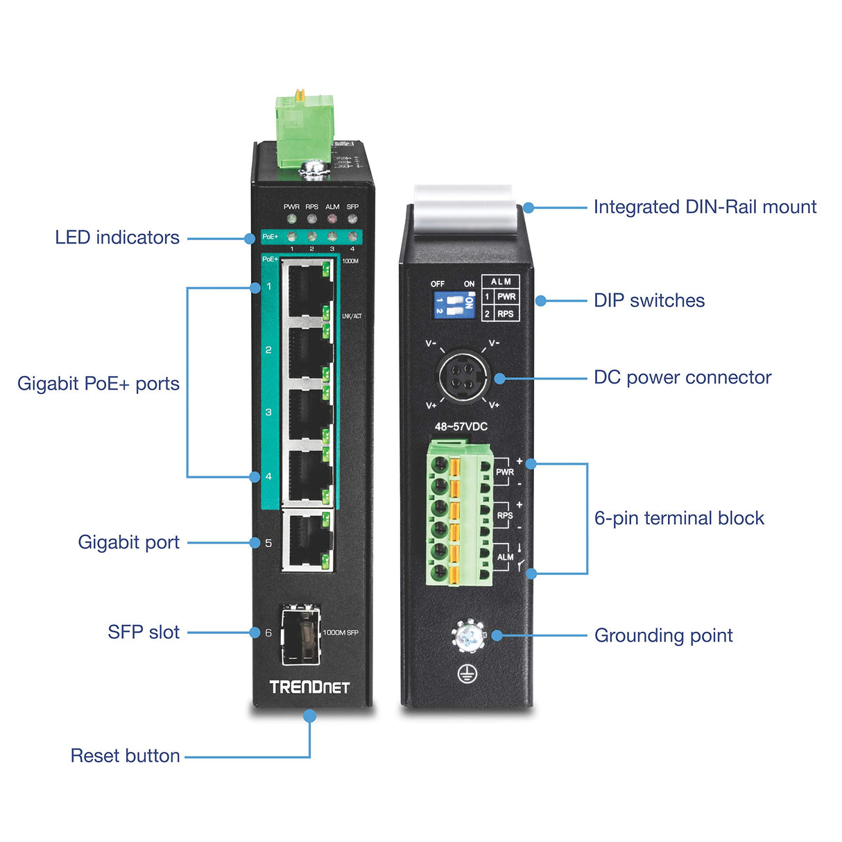TRENDnet, TI-PG541i, Switch DIN-Rail administrado de Capa 2 PoE+ Gigabit Industrial Reforzado de 6 Puertos, 4 Puertos Gigabit PoE+ 802.3at, 1 Puerto Gigabit, 1 Ranura SFP Gigabit, Consumo de 120 W
