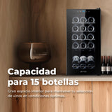 EVVO Vinoteca 15 Botellas, Botellero Vertical, Display Temperatura Interior, Tecnología de Enfiramiento Termoeléctrico, Temperatura Ajustable 5-18ºC, Muy Silenciosa 39 dB, Pantalla Táctil Modelo: VT15