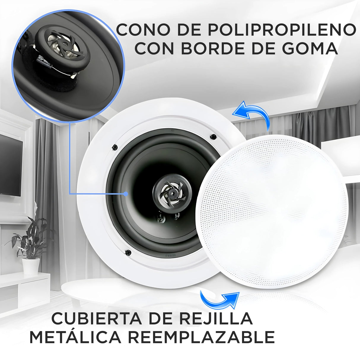 Pyle Altavoces empotrables, Bluetooth, Pared, Techo, 6.5”, 150W, Dos vias, Estereo, Estereo, Rejilla Redonda/Cuadrada Intercambiables