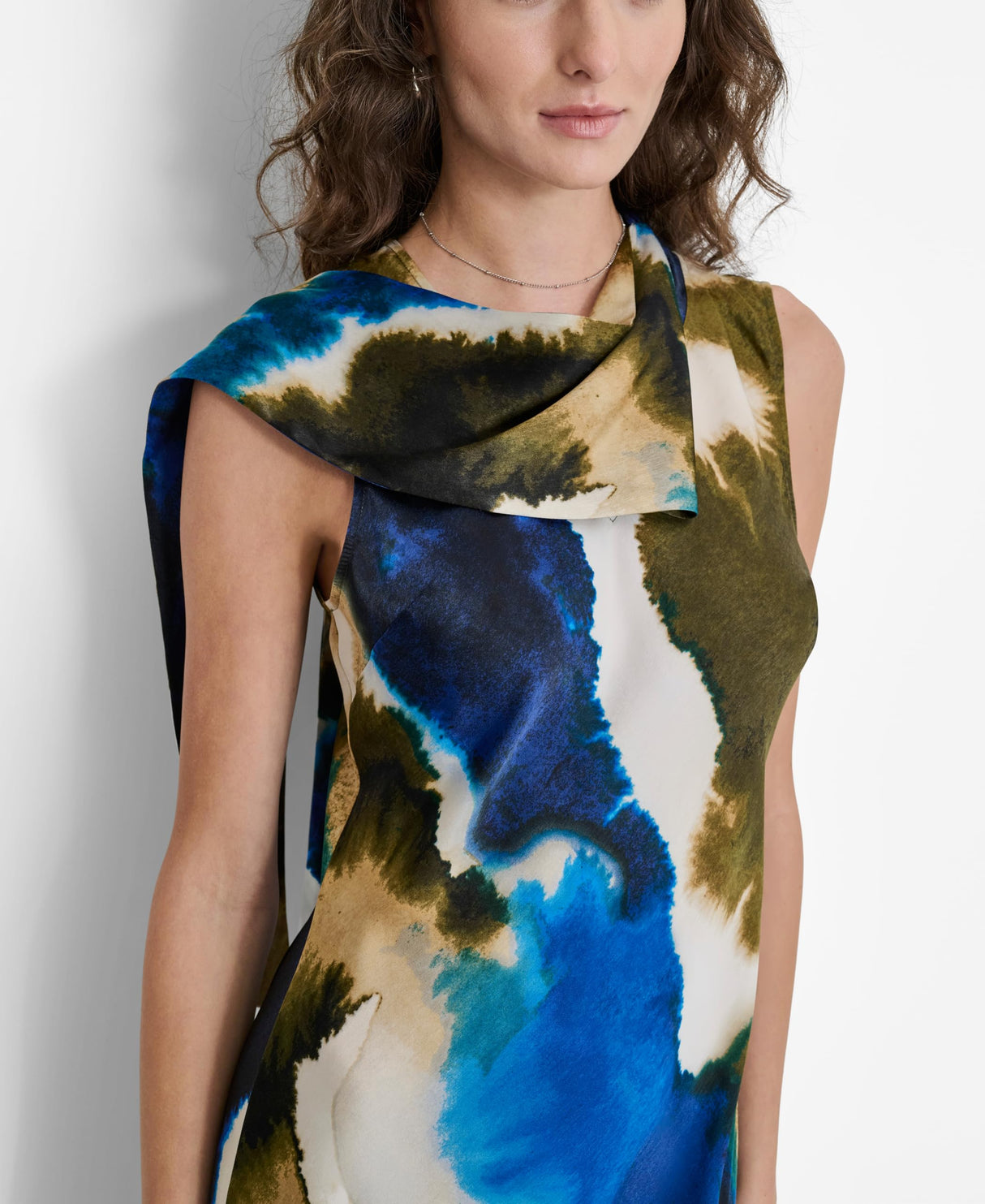 DKNY Sleeveless Printed Tie Neck Vestido, Remolino de Tinta explotado, M Mujeres